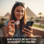 Eine lächelnde Person hält ihr Smartphone, dessen Bildschirm die Verbindung zu einem ägyptischen Mobilfunknetz anzeigt, während sie ein Foto von einem Markt mit Souvenirs und Textilien in Ägypten macht.
