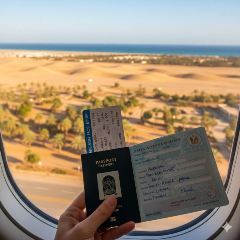 Eine Person hält einen geöffneten Reisepass und eine Einreisekarte, deren Fokus scharf ist. Im unscharfen Hintergrund sind aus einem Flugzeugfenster heraus Sanddünen, Palmen und das Meer unter einem klaren blauen Himmel zu sehen.