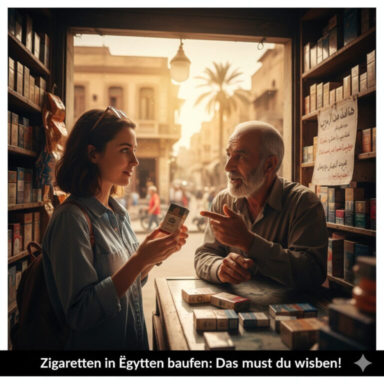 Ein älterer, freundlicher Mann mit einem traditionellen ägyptischen Tuch und einer Galabija reicht einem jungen Reisenden am Flughafen Hurghada eine Schachtel ägyptischer Zigaretten, während er lächelt.