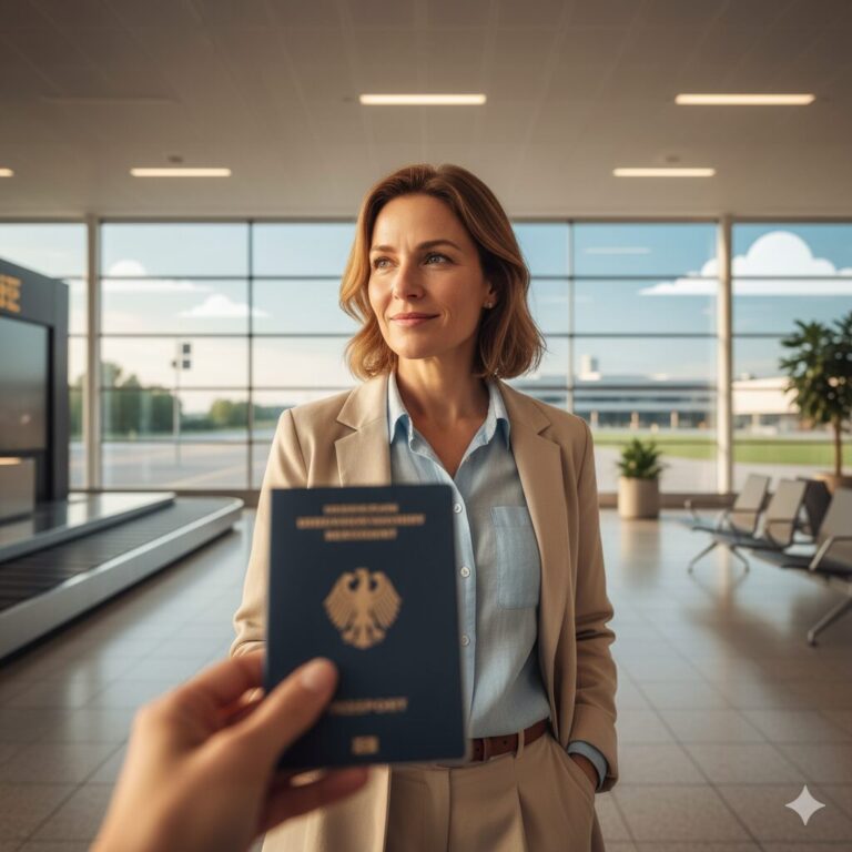 Eine lächelnde Frau blickt nachdenklich in einem hellen Flughafen-Terminal zur Seite, während eine Hand im Vordergrund einen deutschen Reisepass hält. Im unscharfen Hintergrund sind ein Gepäckband und große Fenster mit Blick auf den blauen Himmel zu sehen.