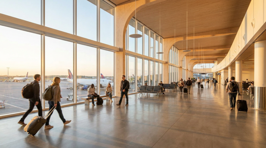 Terminalhalle am Flughafen Hannover mit Blick auf das Vorfeld