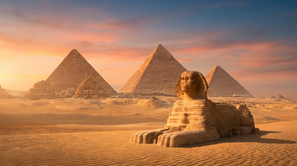 Die Pyramiden von Gizeh und die Sphinx in goldenem Abendlicht